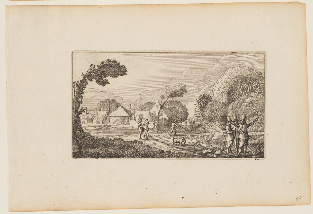 Flere mænd på en sti foran en gård, fra Tolv landskaber med figurer af Gillis van Scheyndel