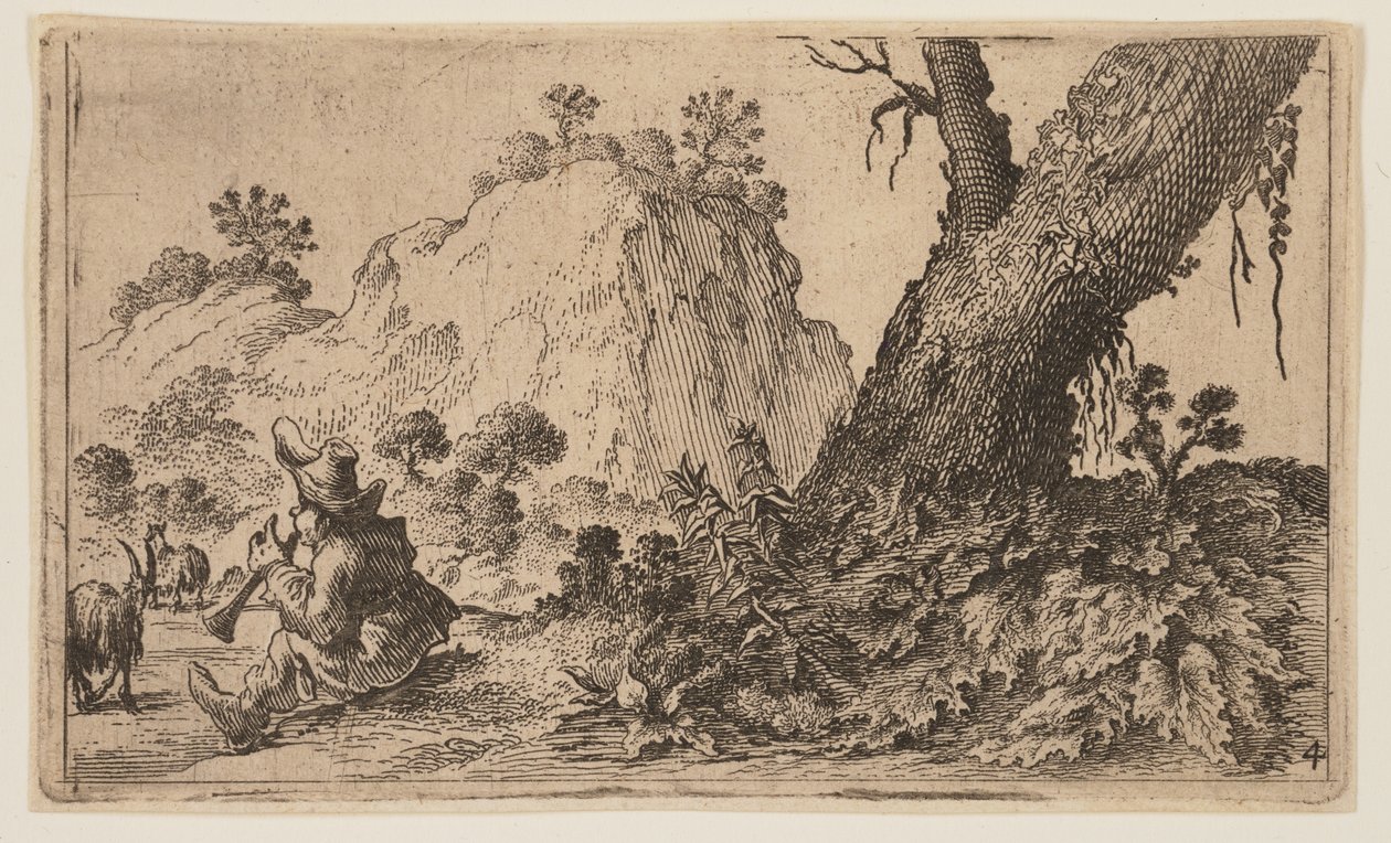 Hyrde spiller blokfløjte for en flok geder, fra Twelve Landscapes af Gillis van Scheyndel