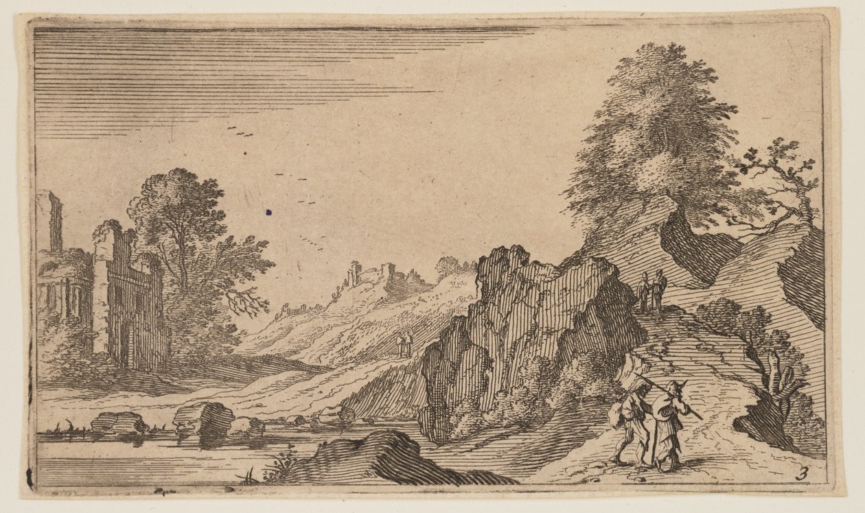 Tre fodgængere på en træbro over et vandløb, fra Twelve Landscapes af Gillis van Scheyndel