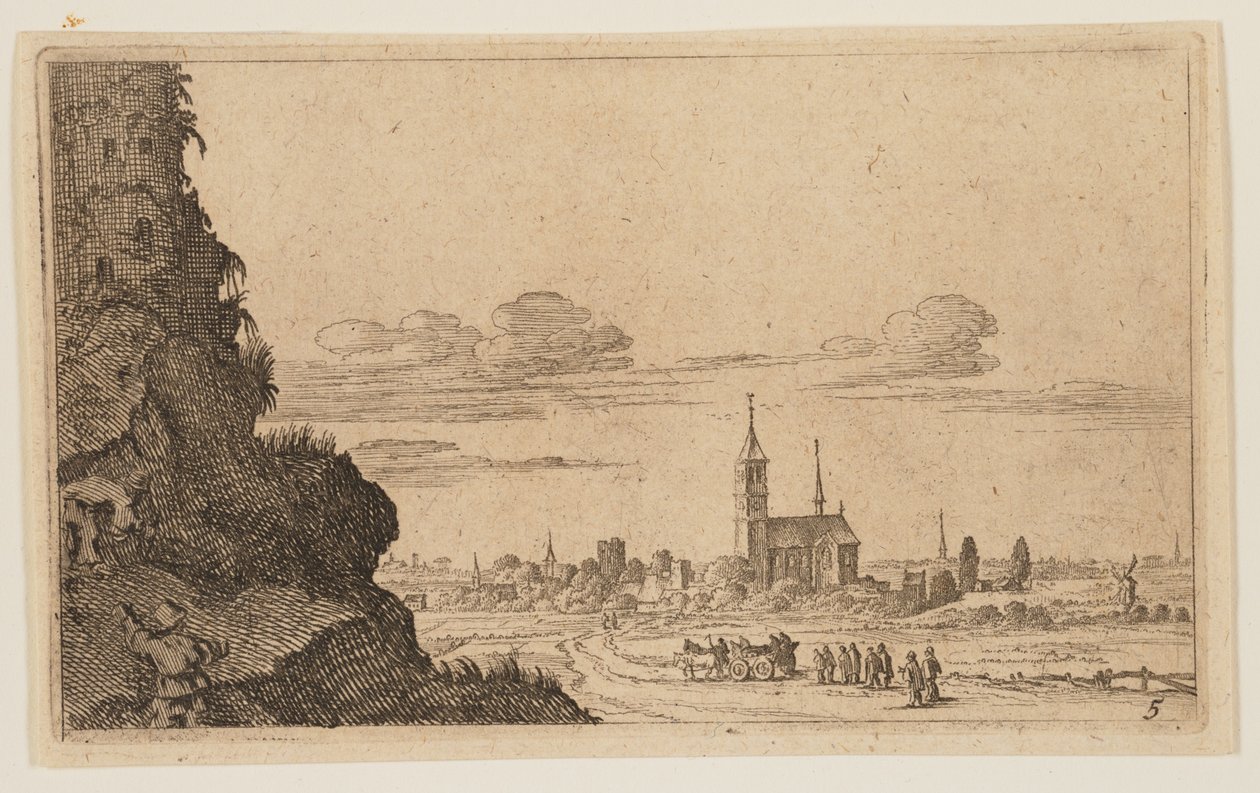To mænd klatrer på klipper op til ruiner, fra Twelve Landscapes af Gillis van Scheyndel