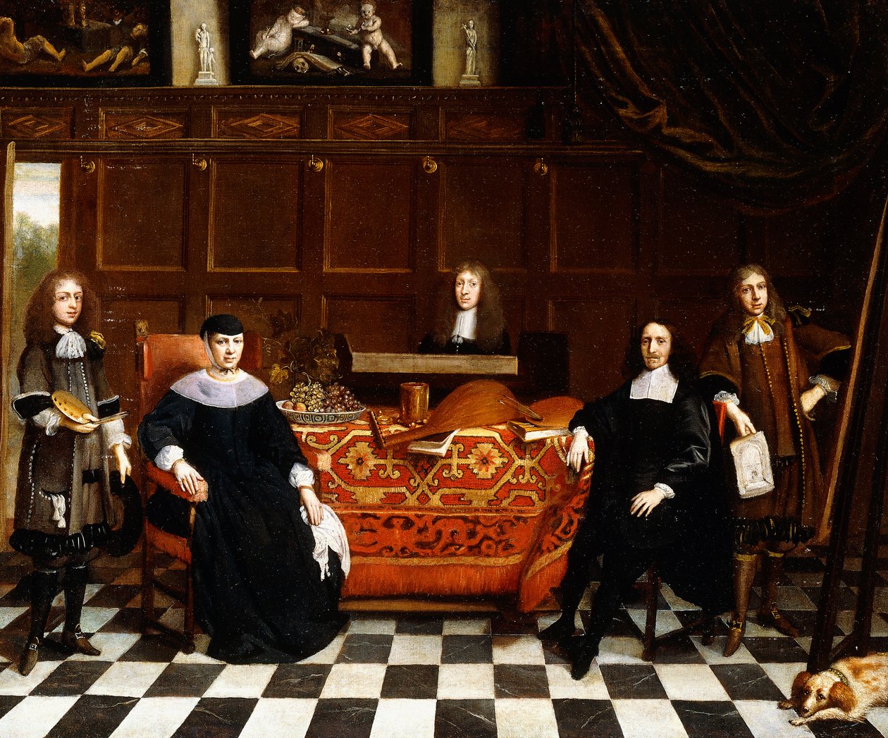 Et gruppeportræt af en familie siddende omkring et bord draperet med et tæppe, ca. 1665-70 af Gillis van Tilborgh