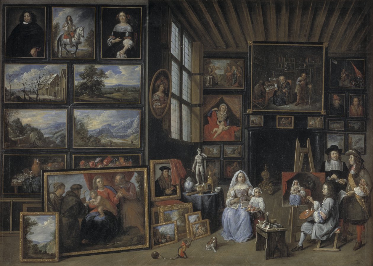 Et billedgalleri med en kunstner, der maler en kvinde og en pige. Allegori over malerkunsten af Gillis van Tilborgh