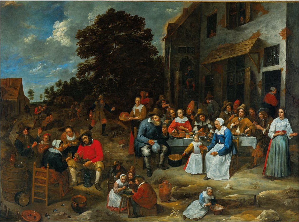 Et selskab, der fester uden for et værtshus af Gillis van Tilborgh