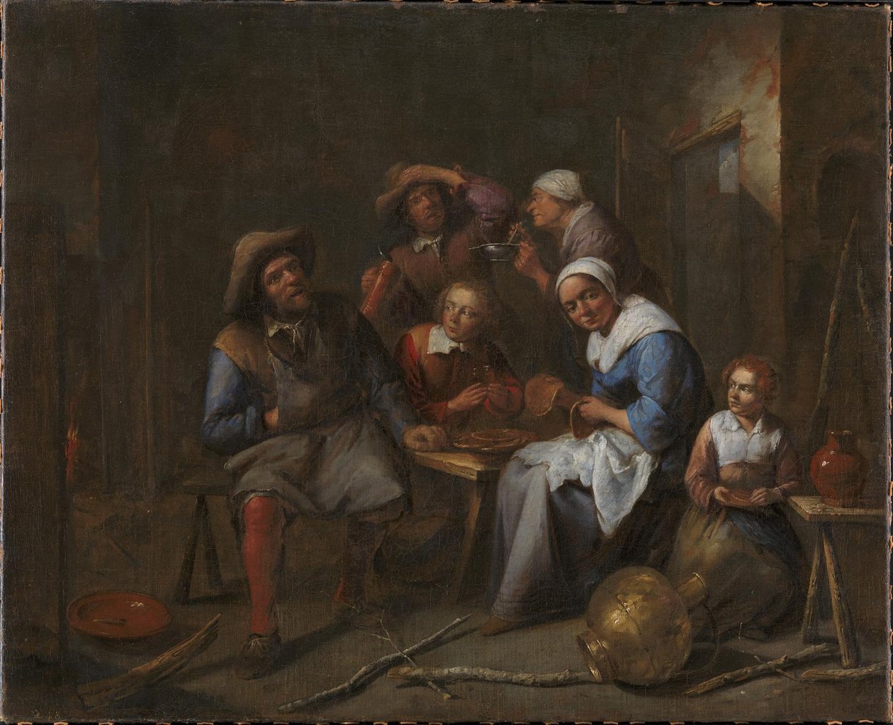 Et interiør med kunsthåndværkere og bønder, der spiser og drikker af Gillis van Tilborgh