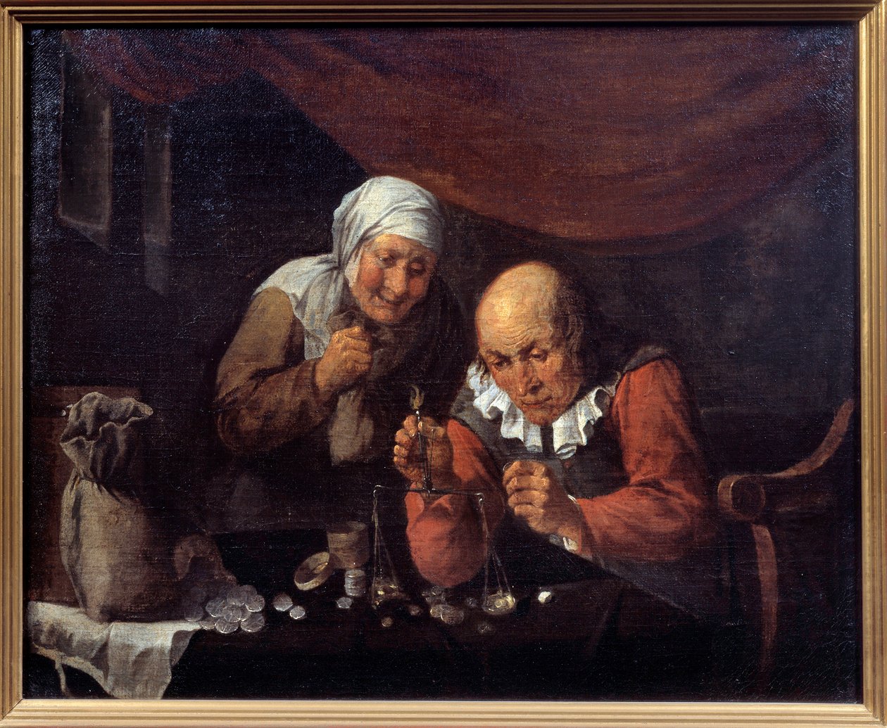 Det grådige par gamle mænd vejer deres ejendele. Maleri af Gillis Van Tilborgh (eller Tilborch af Gillis van Tilborgh