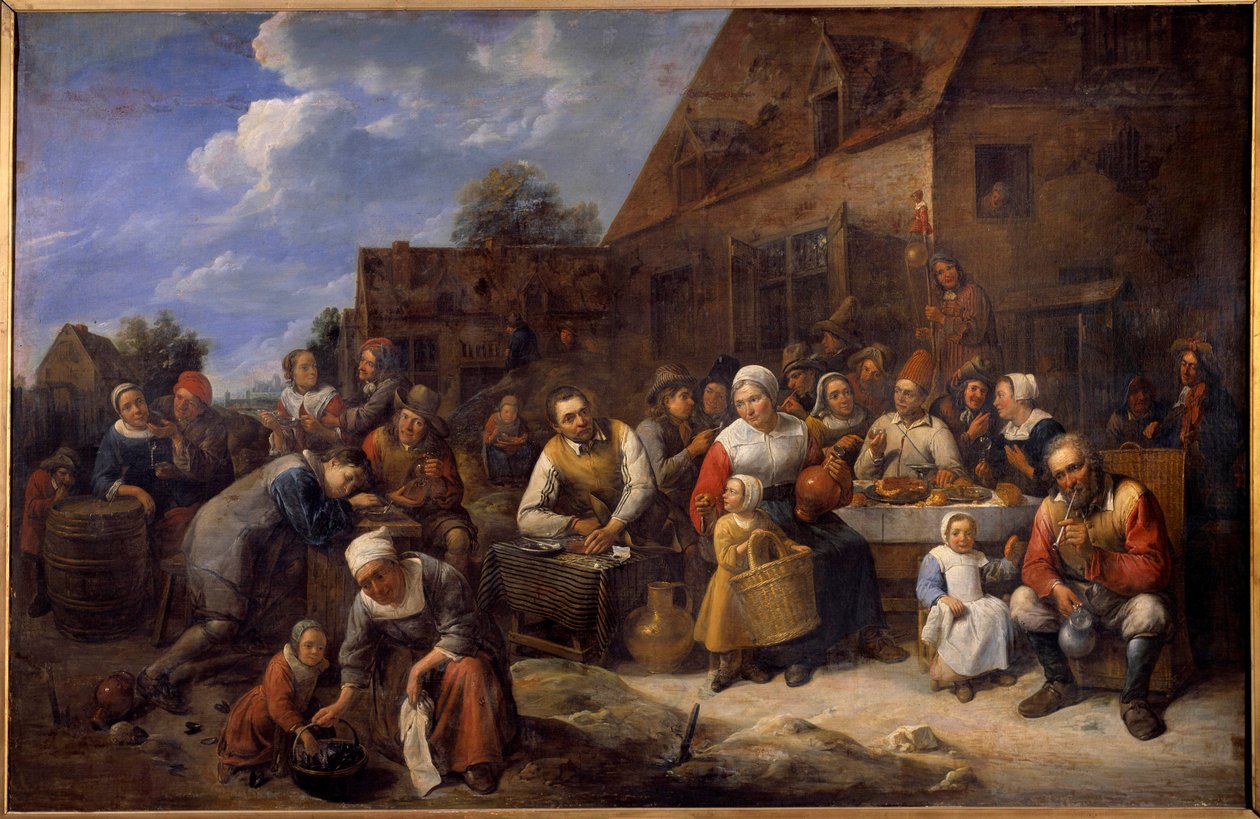 Landsbyen banket Scene fest i en landsby, bønder er atable. Maleri af Gillis Van Tilborgh (Tilborch) den unge (1625-1678) 1600-tallets Rouen. Museum for Skønne Kunster af Gillis van Tilborgh