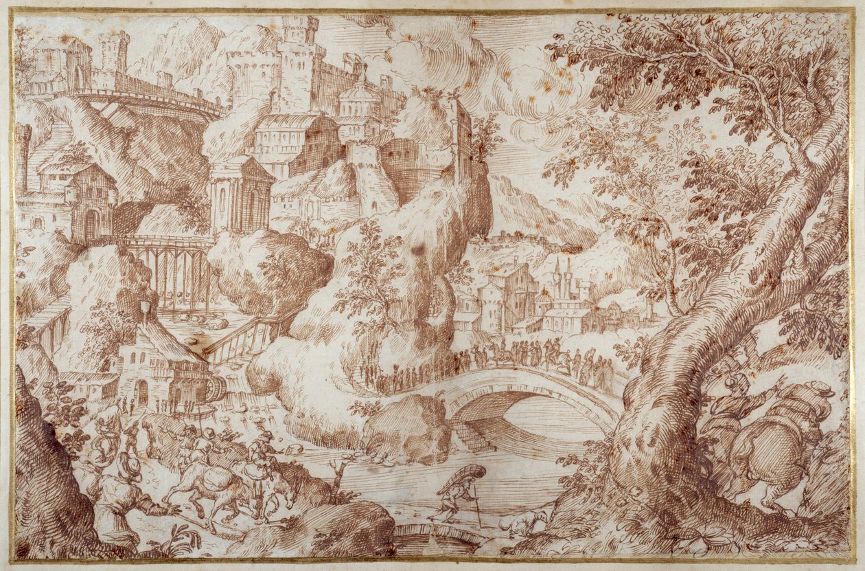 Fantastisk bjerglandskab med broer, der spænder over rviner, en by og rejsende (pen og brunt blæk med brun vask) af Gillis van Valckenborch
