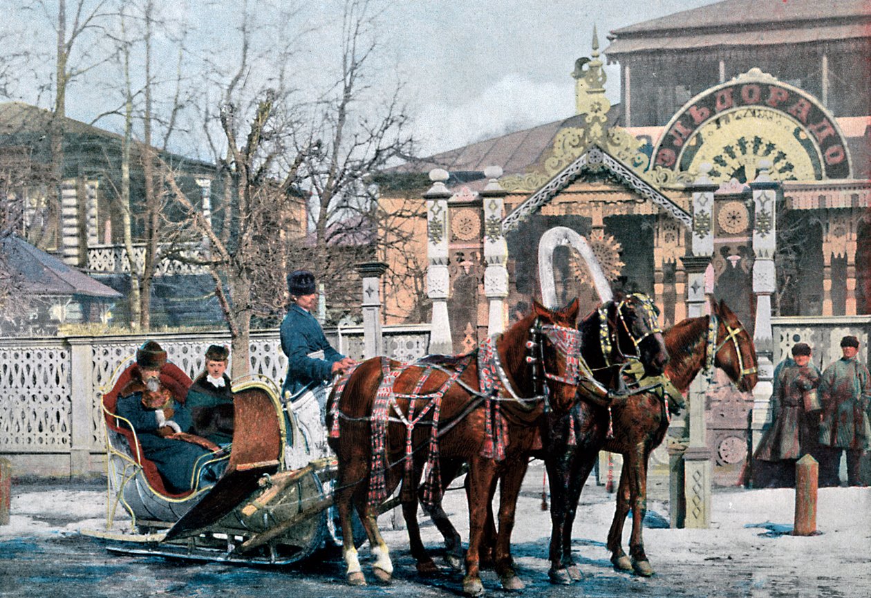 En trojka-slæde i Moskva, Rusland, c1890 af Gillot