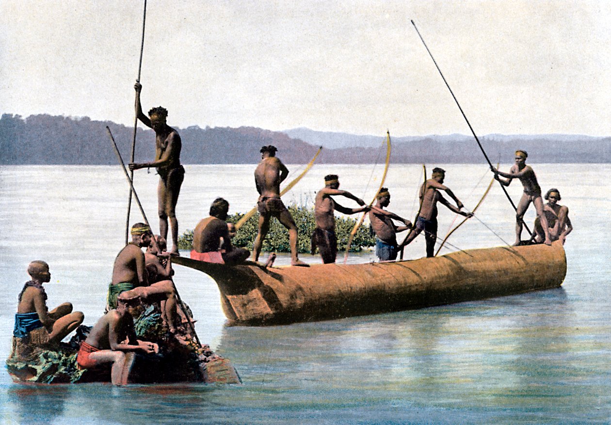 Fiskeri med bue, Andaman- og Nicobarøerne, Det Indiske Ocean, c1890. af Gillot
