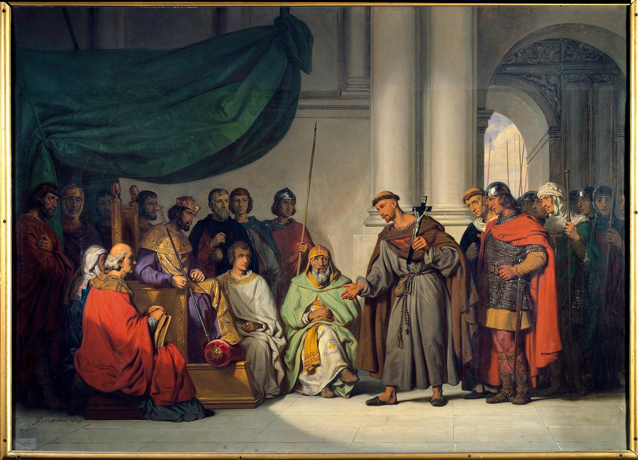 Første korstog: "" Den østlige kejser Alexis Comnene (1048-1118) modtager Eremitten Peter, der kom for at formane ham til korstoget i Konstantinopel i august 1096"" Maleri af Gillot Saint Evre (1791-1858) 1839 Søn. 0,98 x 1,36 m Versailles. Chateau Museum af Gillot Saint Evre