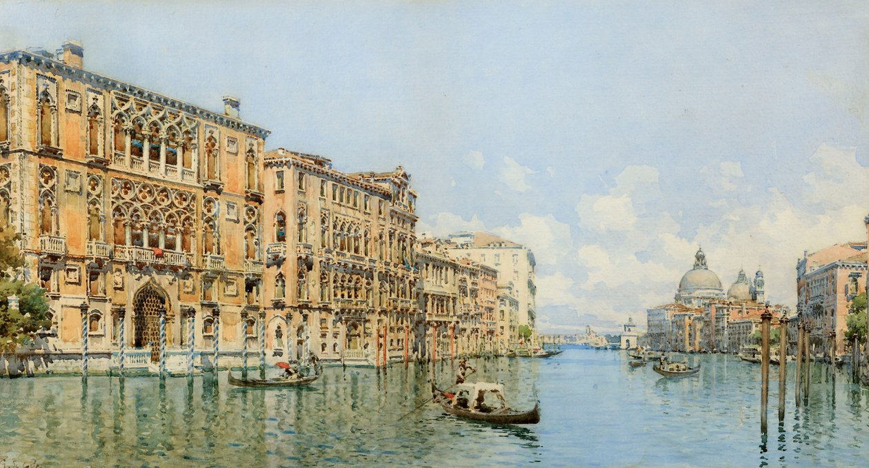 Udsigt over Canal Grande med Palazzo Cavalli-Franchetti og Santa Maria della Salute (wc og blyant på papir) af Gino de Colle