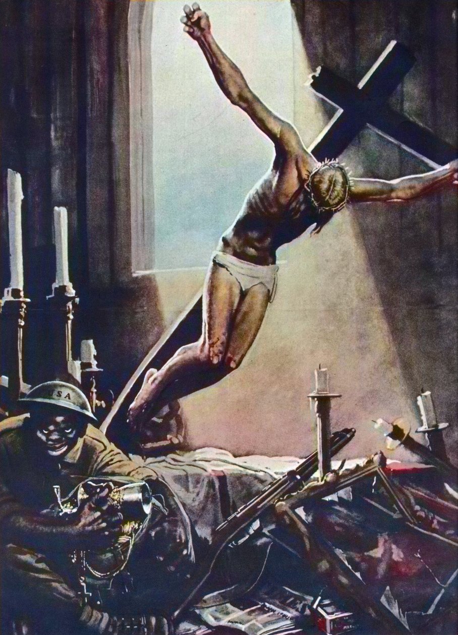 Antiamerikansk WWII plakat - Black American Pillaging Church - Plakat af Gino Boccasile (1901-1952) - Italiensk Propaganda Anti USA 1943 - Plakat af Gino Boccasile (1901-1952) af Gino Boccasile