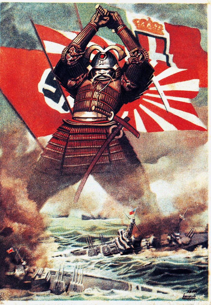 Japanske samurai synker amerikansk flåde ved Pearl Harbor (7. december 1941), plakat af Gino Boccasile (1901-1952), Anden Verdenskrig, Italien, 20. århundrede af Gino Boccasile