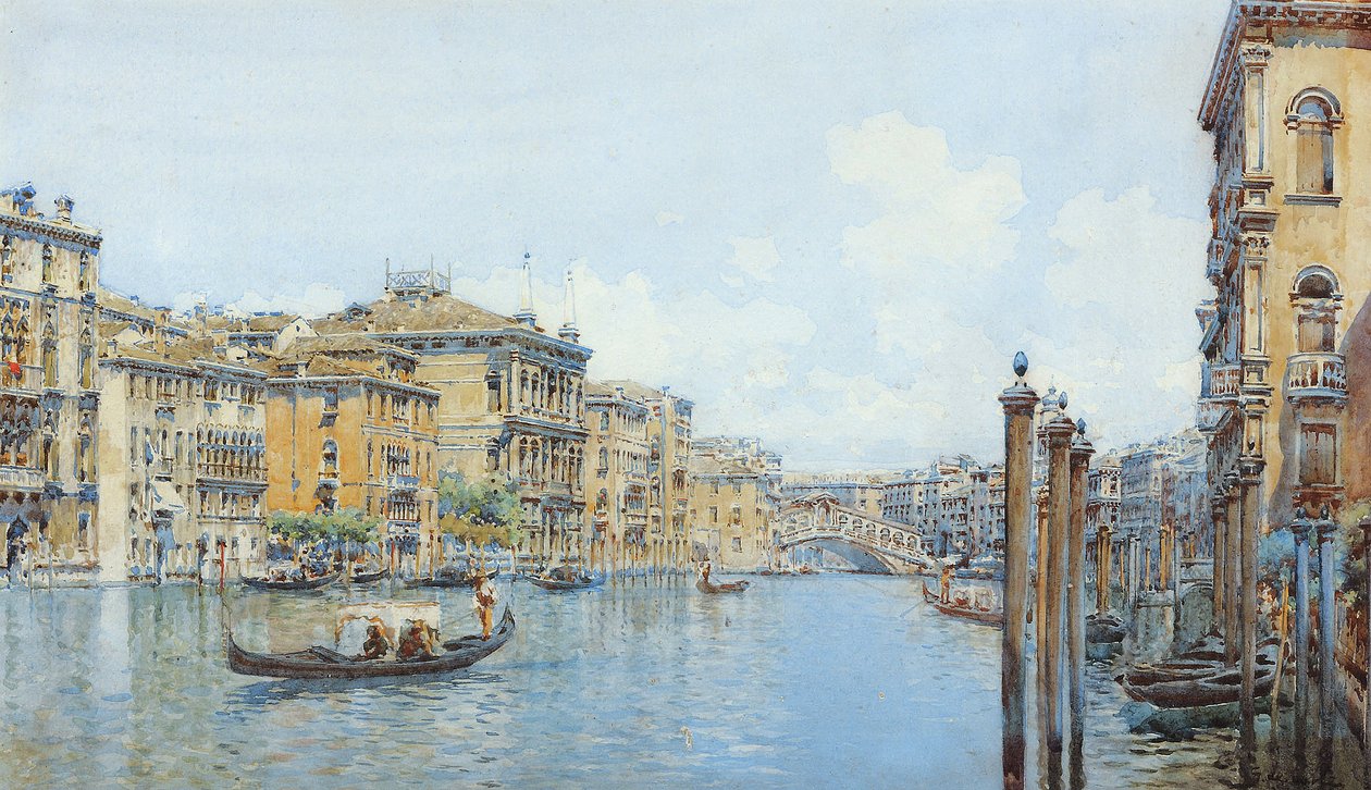 Canal Grande med udsigt over paladset Papadopoli før Rialtobroen (wc og blyant på papir) af Gino de Colle