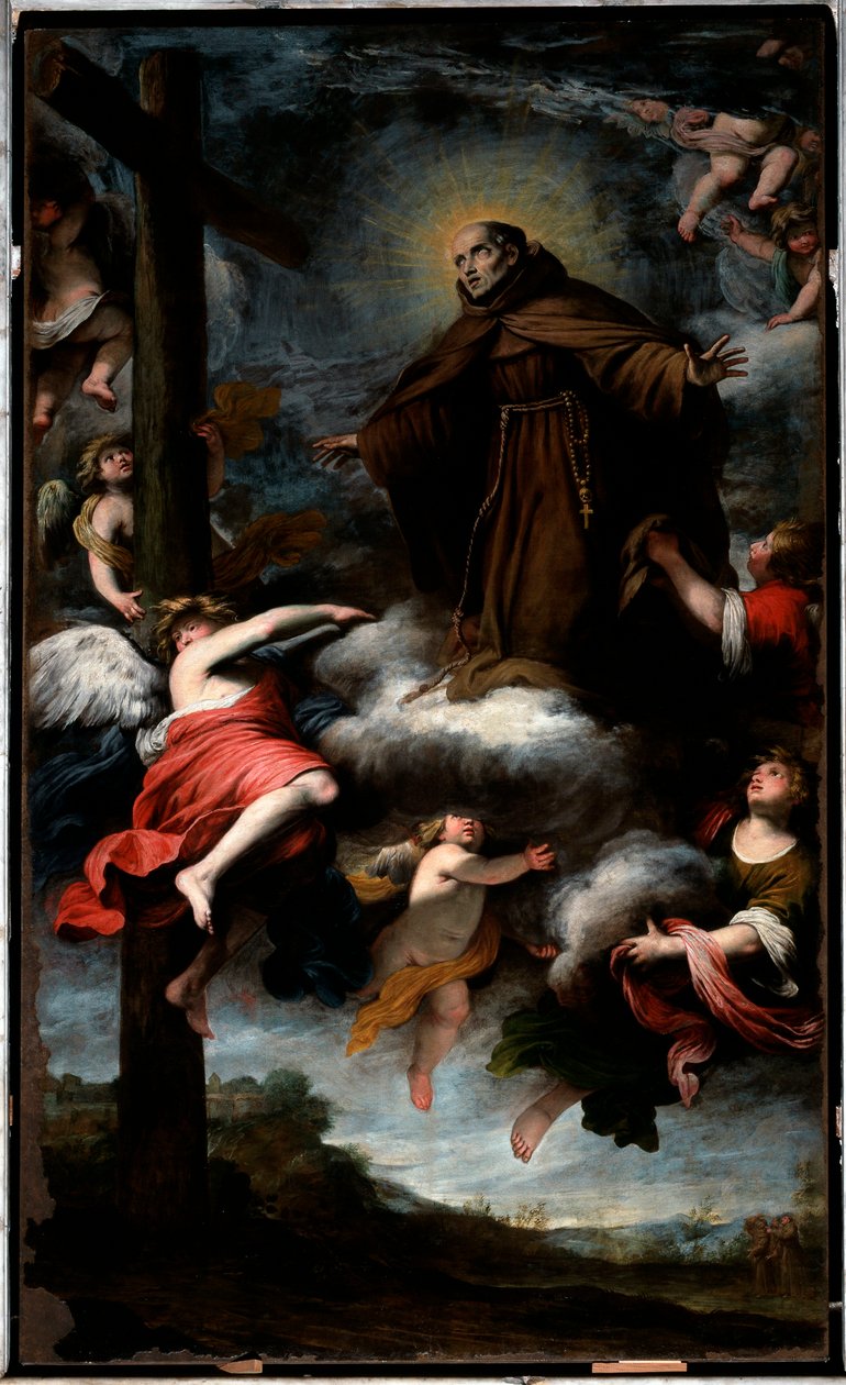 Repræsentation af Saint Louis fra Anjou, der tilbeder korset (olie på lærred af Gio Bernardo Carbone