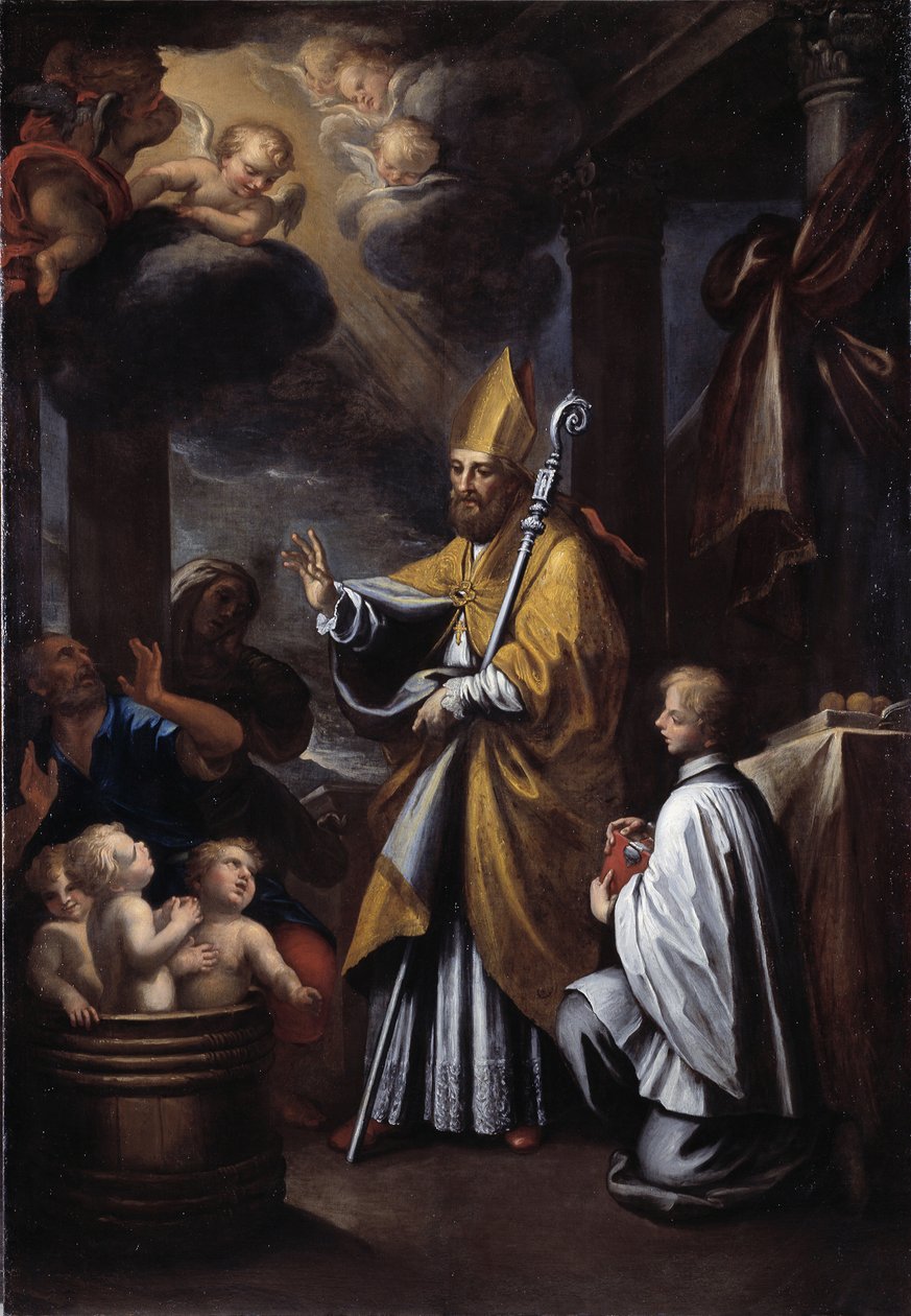 St Nicholas genopliver tre børn (olie på lærred af Gio Raffaele Badaracco
