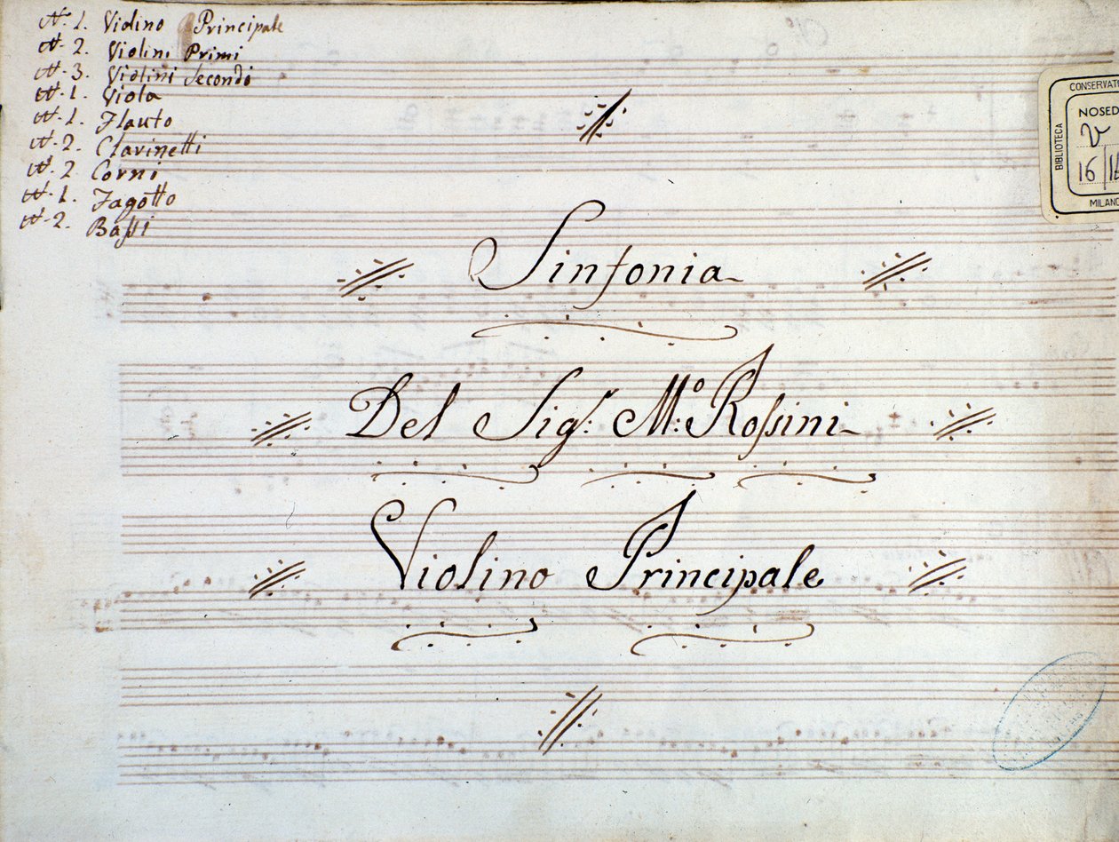 Detalje af første side af violinmusikpartitur til en symfoni af Gioacchino Rossini af Gioachino Rossini