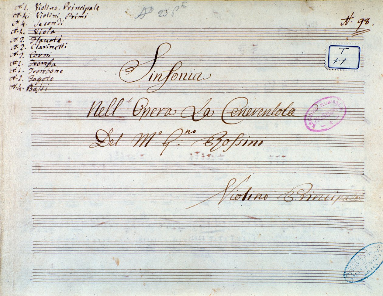 Titelside med partitur af violin til symfoni i Askepot, eller Goodness Triumphant af Gioachino Rossini af Gioachino Rossini