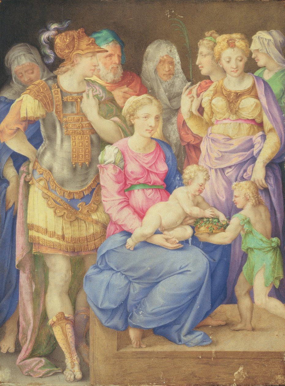 Jomfruen og barnet, Johannes Døberen og syv personer, ca. 1553 af Giorgio Giulio Clovio