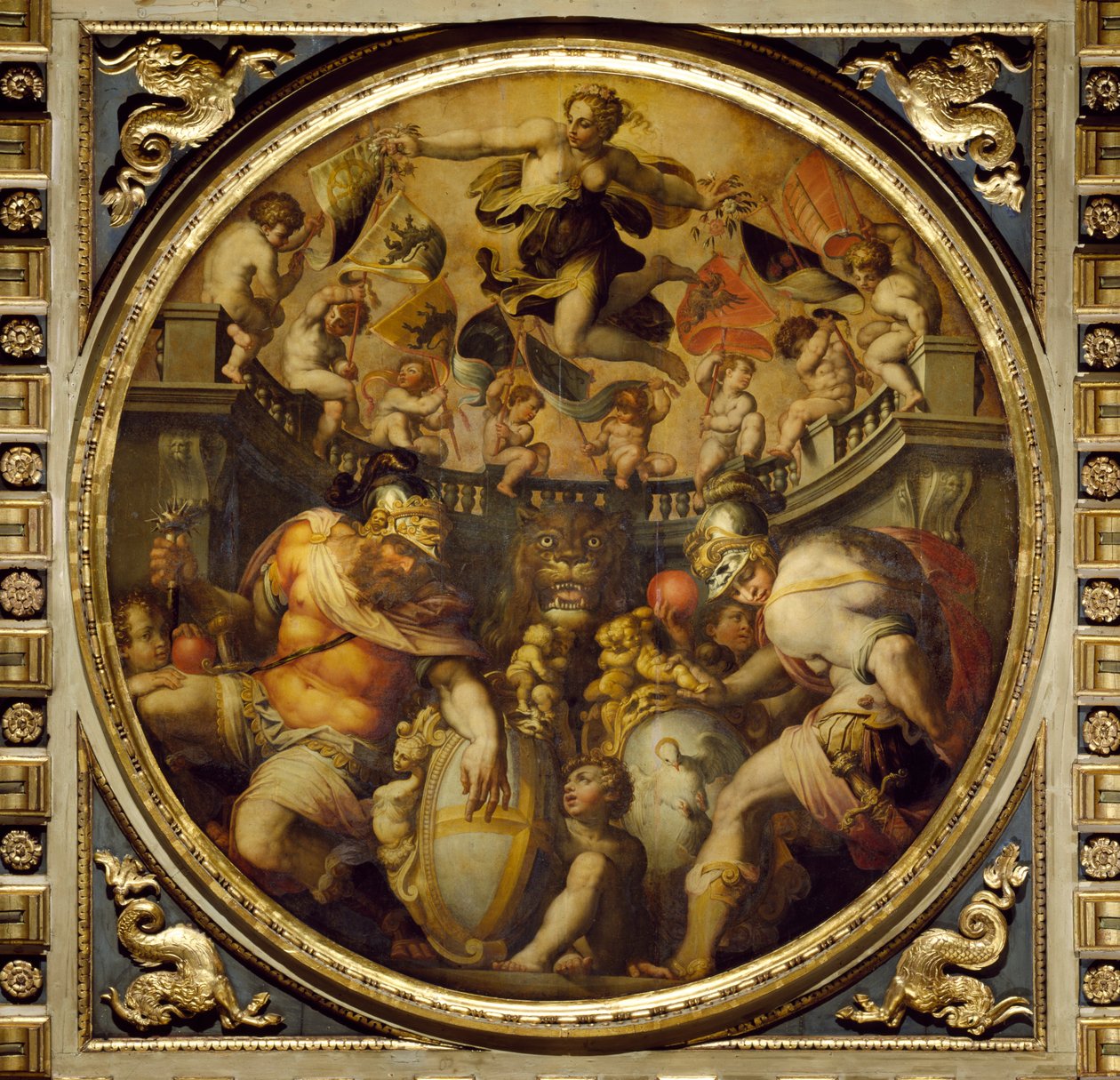 Allegori over distrikterne Santa Croce og Santo Spirito fra loftet på Salone dei Cinquecento, 1565 (panel) af Giorgio Vasari