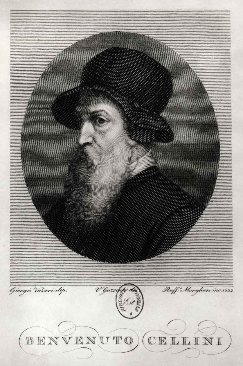 Portræt af Benvenuto Cellini (1500-71) indgraveret af Rafaello Morghen (1758-1833) 1822 af Giorgio Vasari