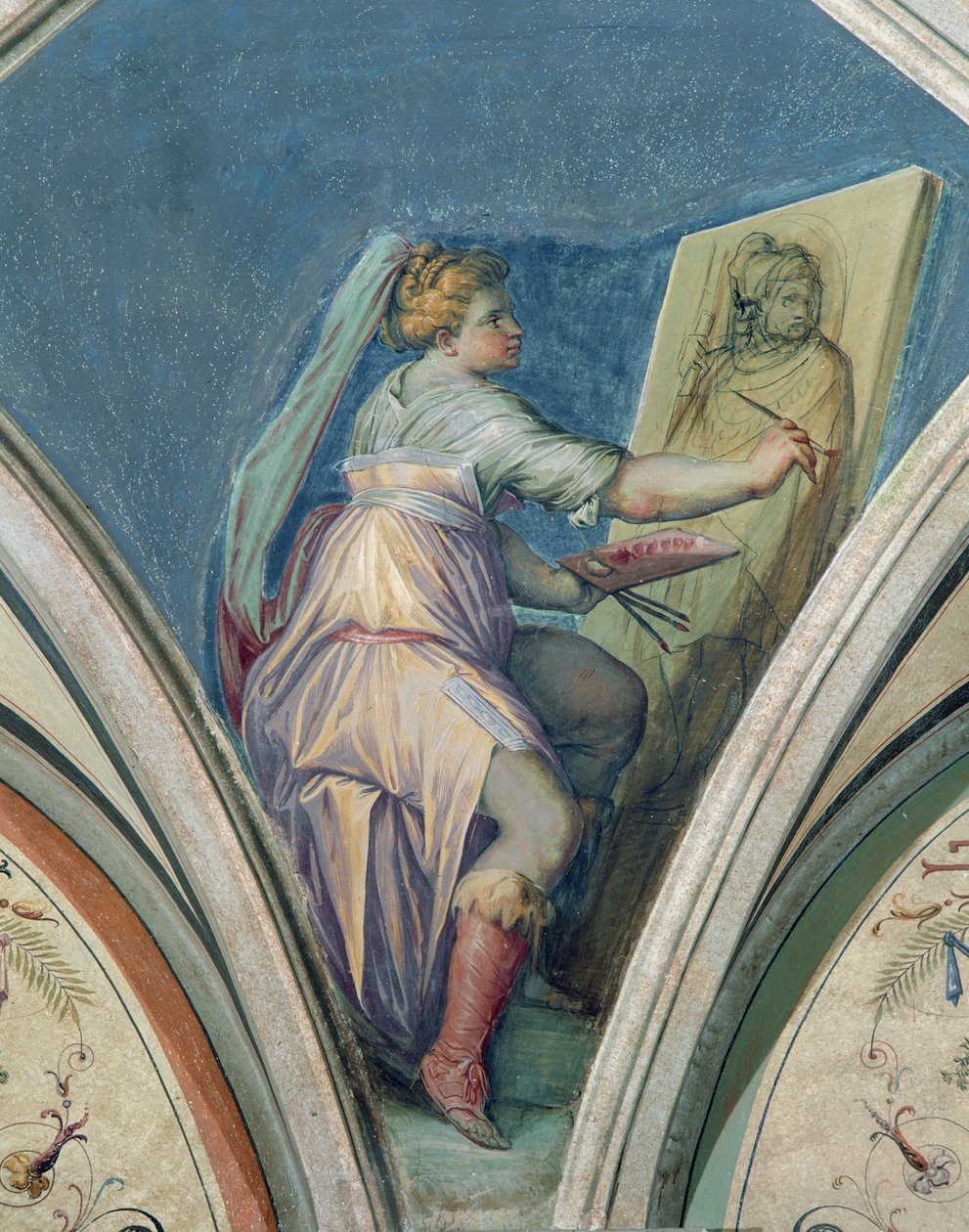 Siddende kvinde maler et portræt af en mand, muligvis kunstneren, fra Camera della Fama e delle Arti (Hall of Fame and of the Arts) 1542 af Giorgio Vasari