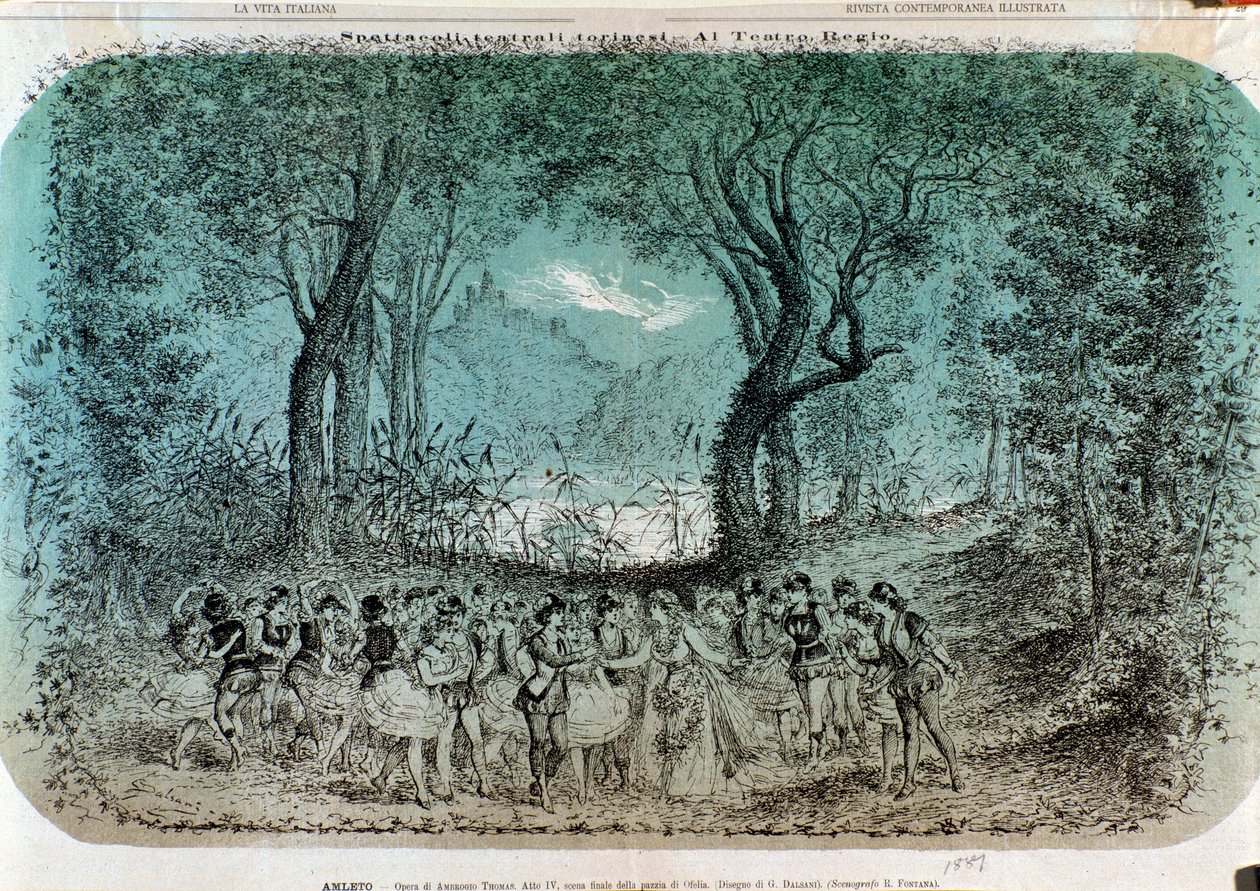 Illustration til scenen for Ophelias galskab i Hamlet af Ambroise Thomas af Giorgio Dalsani
