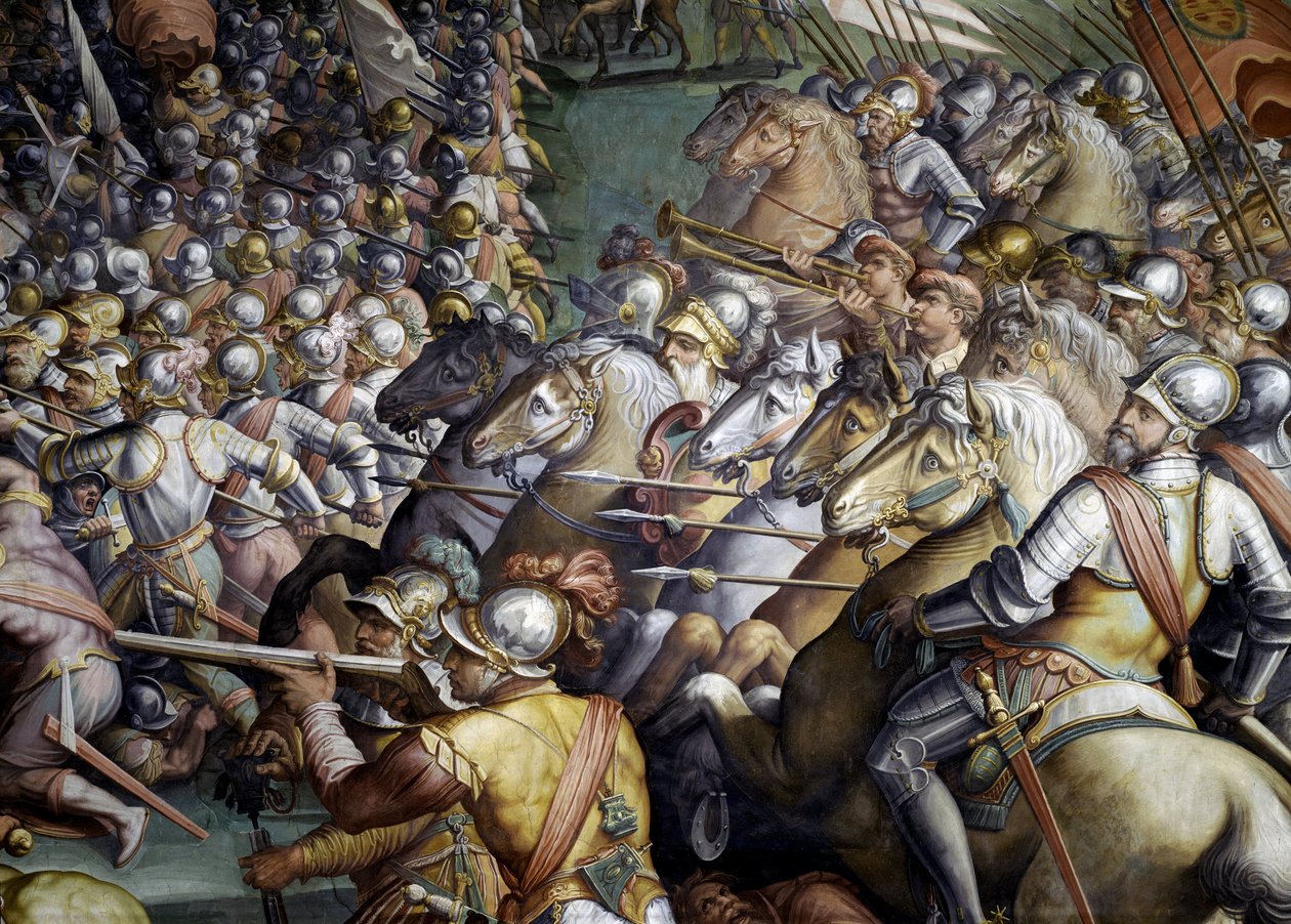 Slaget ved Scannagallo i Valdichiana (Val di Chiana). Detalje. Fresko af Giorgio Vasari og hans atelier (1511-1574). Palazzo Vecchio (Salone dei Cinquecento) af Giorgio (and workshop) Vasari