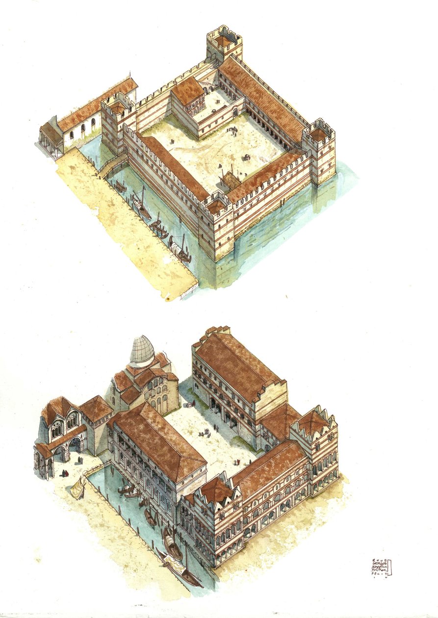 Luftfoto af faserne i opførelsen af Dogepaladset (eller Hertugpaladset eller Palazzo Ducale) på Markuspladsen i Venedig i det 7. og 12. århundrede. Italien af Giorgio Albertini