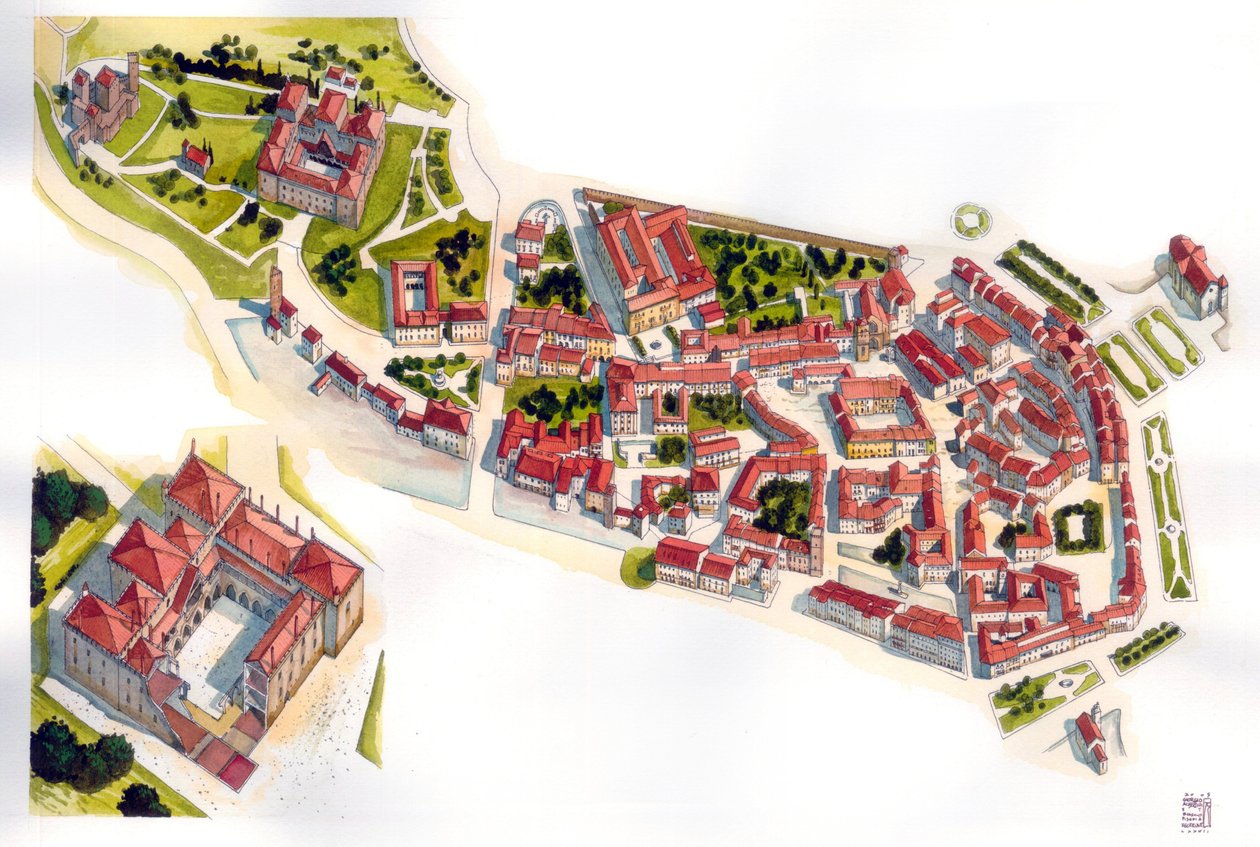 Aeriansk udsigt over byen Guimaraes: til venstre slottet og klosteret, der blev bygget i det 11. århundrede. Portugal. Illustration af Giorgio Albertini. (Brugen af denne forfatters værker er ikke underlagt en ansøgning om tilladelse fra en tredjepart elle af Giorgio Albertini