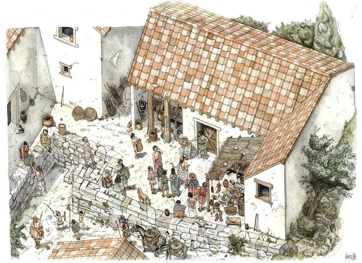 Det antikke Grækenland: Rekonstruktion af en skomagers butik i Athenes i det 5. århundrede f.Kr.: Filosoffen Sokrates er repræsenteret der i diskussion med sine medborgere. Grækenland Illustration af Giorgio Albertini. (Brugen af denne forfatters af Giorgio Albertini
