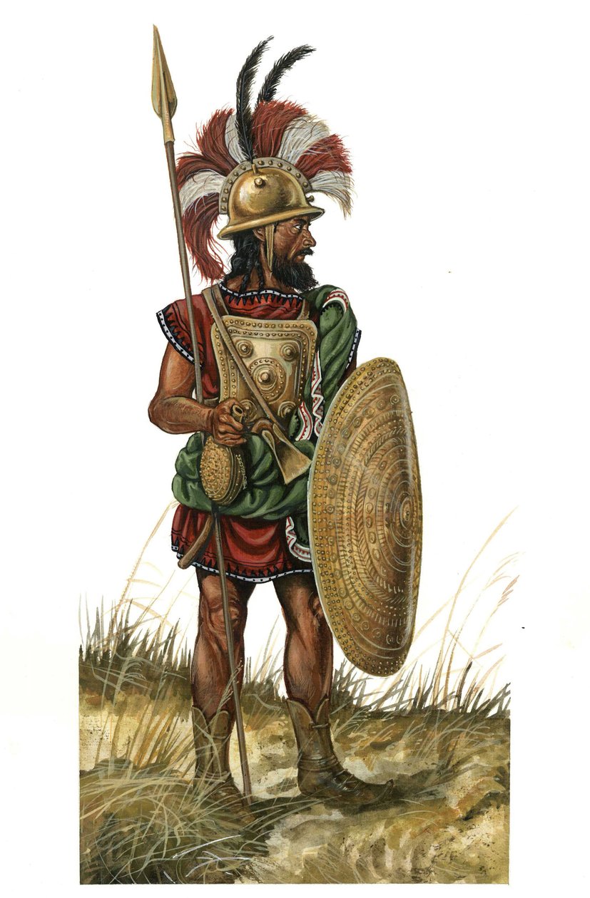 Det gamle Rom (arkaisk 753-530 f.Kr.): gengivelse af et krigerisk våben, hjelm, skjold, spyd (monarkisk periode i det 8. århundrede f.Kr.) af Giorgio Albertini