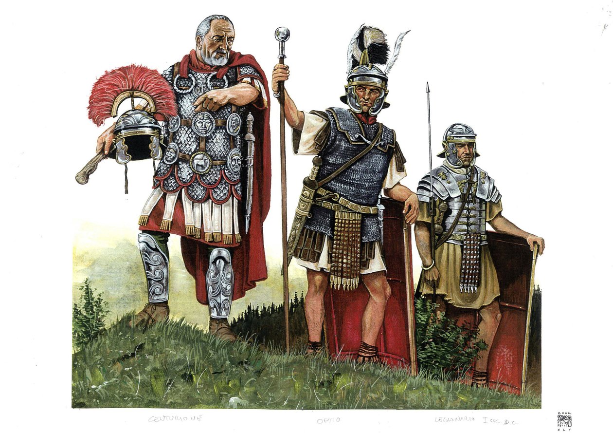 Det gamle Rom: en centurion, en optio (budbringer mellem centurioner og decurioner) og en legionær. 2. århundrede af Giorgio Albertini