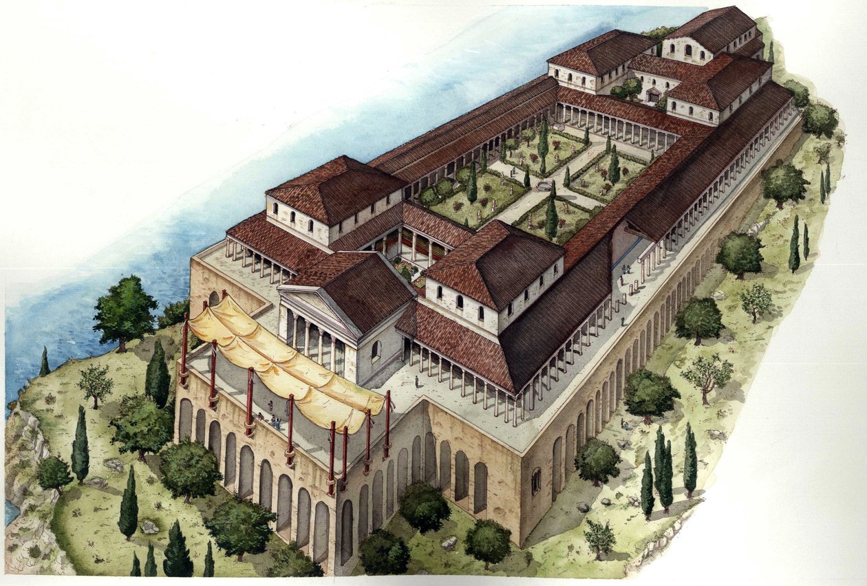 Det gamle Rom: Rekonstruktion af den romerske villa Catulle eller Cave di Catullo, bopæl for den latinske digter af samme navn (1. århundrede f.Kr.), beliggende omkring Sirmione, på Gardasøens meridionale bred (lago di Garda). I Italien. af Giorgio Albertini