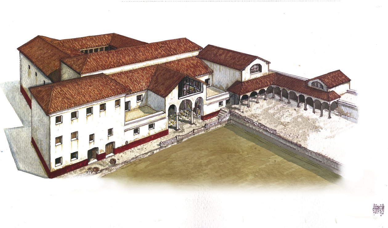 Det gamle Rom: Rekonstruktion af Villa des Lions (Casa ou domus dei Leoni) i Ostia Antica (Ostia), 3. århundrede f.Kr. Italien Illustration af Giorgio Albertini. (Brugen af denne forfatters værker er ikke underlagt en ansøgning om tilladelse fra en tredjep af Giorgio Albertini