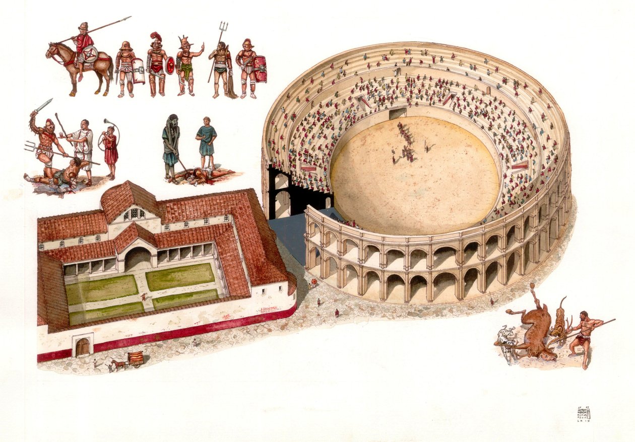 Det gamle Rom: Rekonstruktion af amfiteateret i byen Amiternum nær Aquila i Abruzzo, Italien. 1. - 2. århundrede e.Kr. Øverst til venstre ses forskellige gladiatordragter og scener af de kampe, der fandt sted i arenaen. Illustration af Gior af Giorgio Albertini