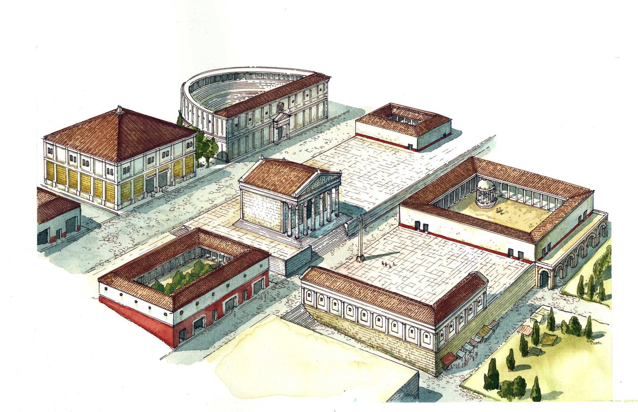 Det gamle Rom: Genopbygning af centrum af byen Napoli med amfiteater og tempel. Italien af Giorgio Albertini