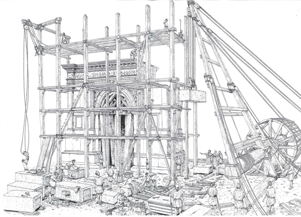 Det gamle Rom: Rekonstruktion af en byggeplads for en bue i det 1. århundrede e.Kr. Arbejderne hejser marmorblokkene op med stilladser og taljer. Illustration af Giorgio Albertini. (Brugen af denne forfatters værker er ikke underlagt en ansøgning om af Giorgio Albertini
