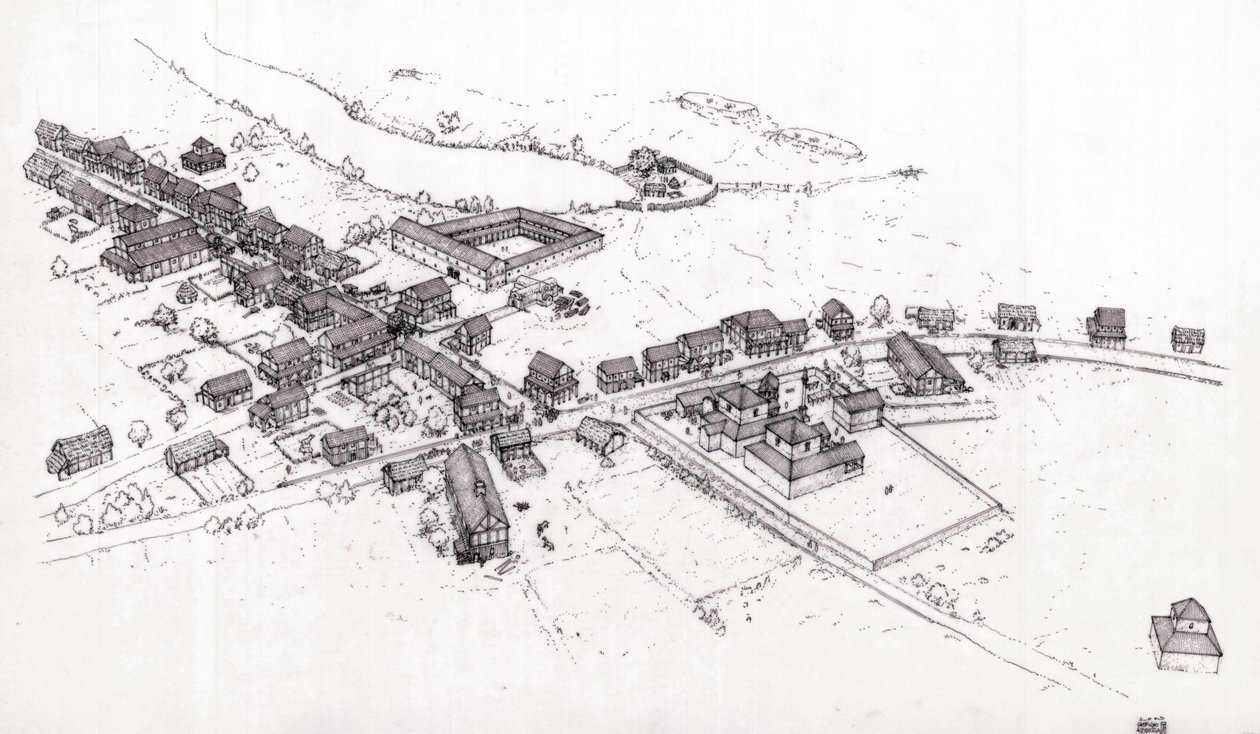 Det gamle Rom: Rekonstruktion af en landsby i det romerske Bretagne (Britannia eller ø-Bretagne) i det 2. århundrede. Illustration af Giorgio Albertini. (Brugen af denne forfatters værker er ikke underlagt en ansøgning om tilladelse fra en tredjepart eller af Giorgio Albertini