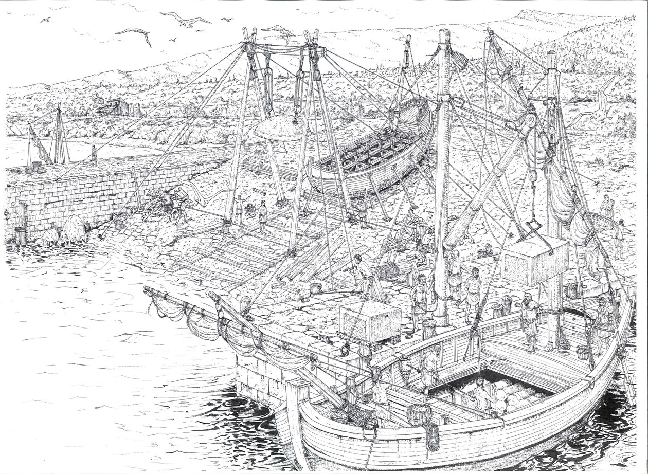 Antiquite: Transport med skib af marmor, sandsynligvis fra stenbruddene i Carrara (Carrara). 2. århundrede efter JC Italien Illustration af Giorgio Albertini. (Brugen af denne forfatters værker er ikke underlagt en ansøgning om tilladelse fra en tredjepart af Giorgio Albertini