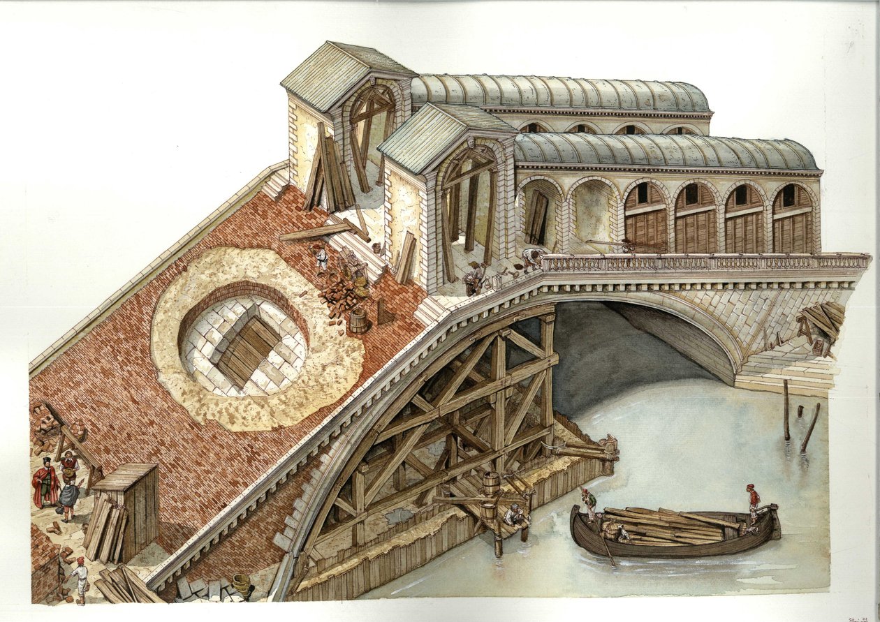 Arkitektur: Byggepladsen for Rialtobroen i 1588-1591 i Venedig, Italien. Illustration af Giorgio Albertini (Brugen af denne forfatters værker er ikke underlagt tilladelse fra en tredjepart eller betaling af yderligere royalties. af Giorgio Albertini