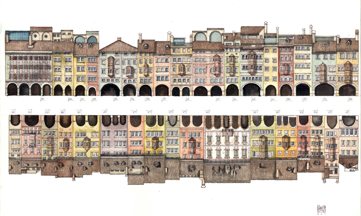 Arkitektur: Flad udsigt over Via dei Portici, overdækket galleri med søjlegang, sammen med farvede huse, fra byen Bolzano, Italien Illustration af Giorgio Albertini. (Brug af denne forfatters værker er ikke underlagt en ansøgning om tilladelse fra af Giorgio Albertini