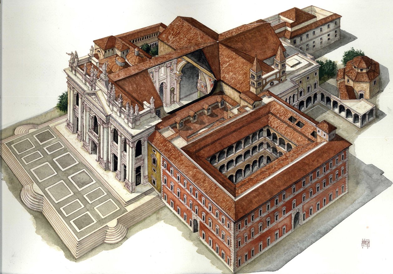 Barok arkitektur: Rekonstruktion af Johannes Lateran Basilikaen (Sankt Johannes Laterano eller San Giovanni in Laterano) (17.-18. århundrede) Rom Illustration af Giorgio Albertini. (Brugen af denne forfatters værker er ikke underlagt en ansøgning om auth af Giorgio Albertini