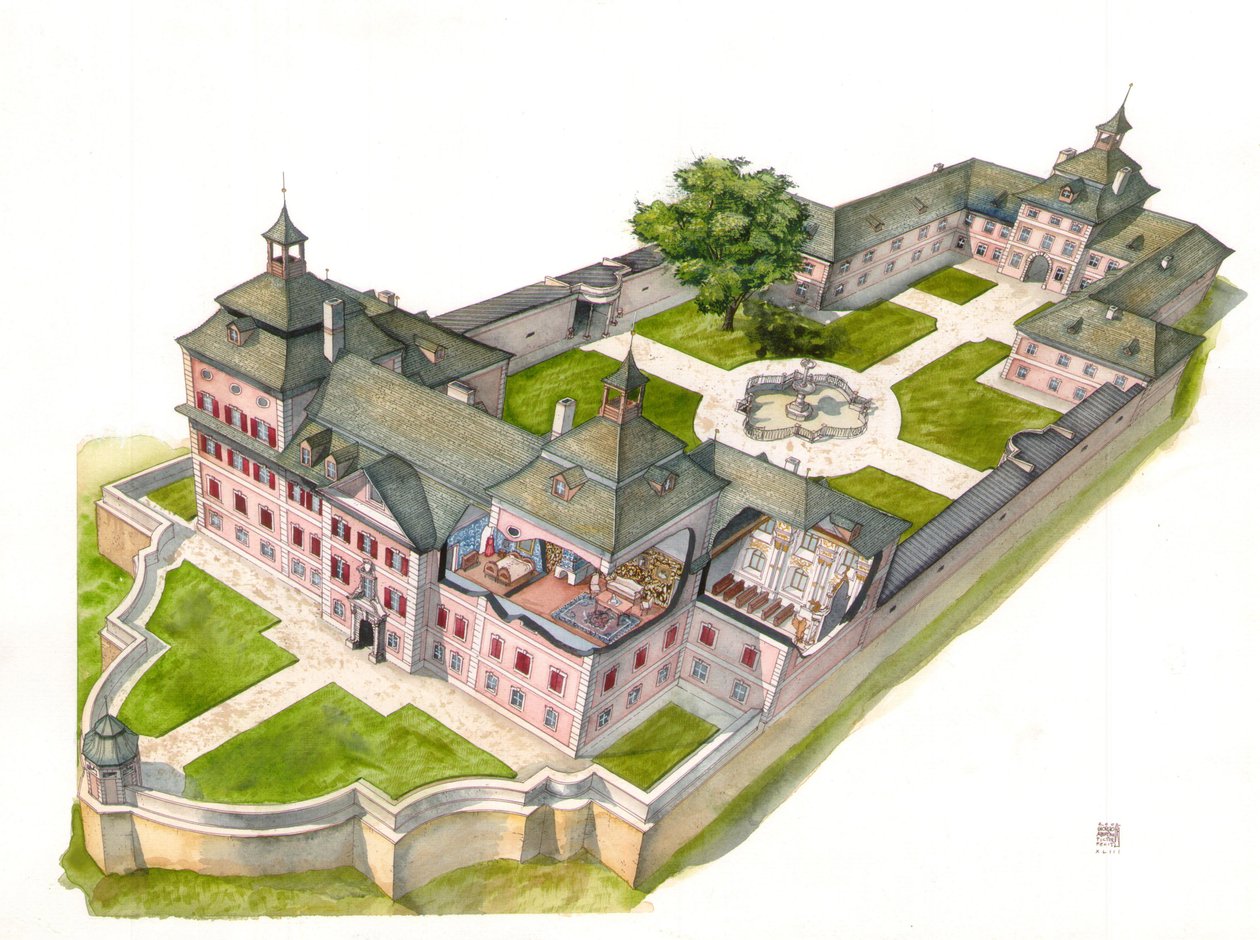 Barok arkitektur: rekonstruktion af slottet Wolfsthurn, Mareta, Bolzano, Italien Illustration af Giorgio Albertini. (Brugen af denne forfatters værker er ikke underlagt en ansøgning om tilladelse fra en tredjepart eller betaling af yderligere f af Giorgio Albertini