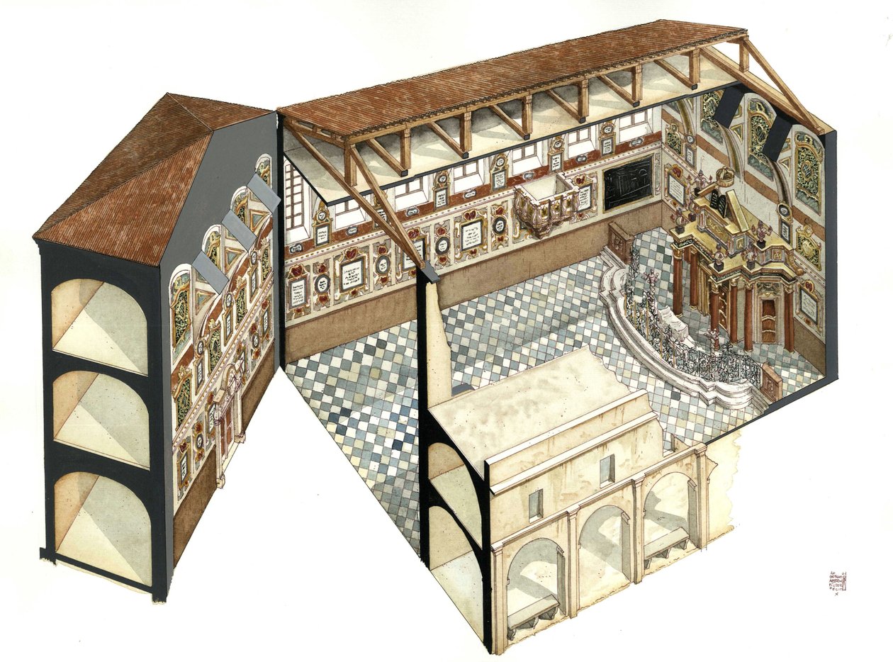 Barokkunst: Rekonstruktion af den arkitektoniske struktur i synagogen i Casale Monferrato (Casal) nær Alessandria (Alexandria), Italien. af Giorgio Albertini
