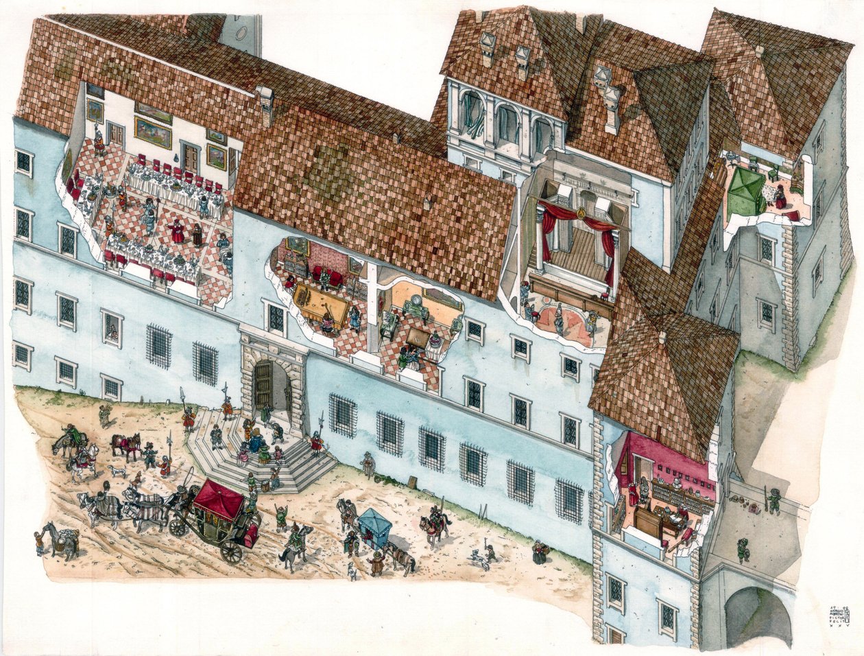 Barokkunst: Udsigt og arkitektonisk udsnit af paladset Chigi a Ariccia, Lazio, i det 17. århundrede. Det indre af familiens værelser og tjenestefolkenes boliger er synlige. Italien af Giorgio Albertini