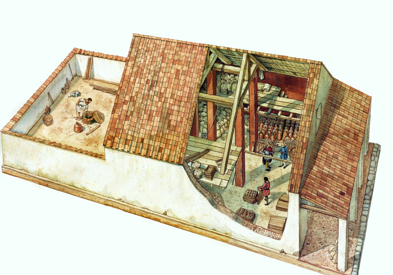 Byzantinsk arkitektur: Rekonstruktion af en Class-butik, lagerbygning i Classe-dokområdet, havnen i byen Ravenna (Ravenna) på kejser Justinians tid. Italien i det 7. århundrede. Sektionen af bygningen giver dig mulighed for at se de opbevarede varer. af Giorgio Albertini