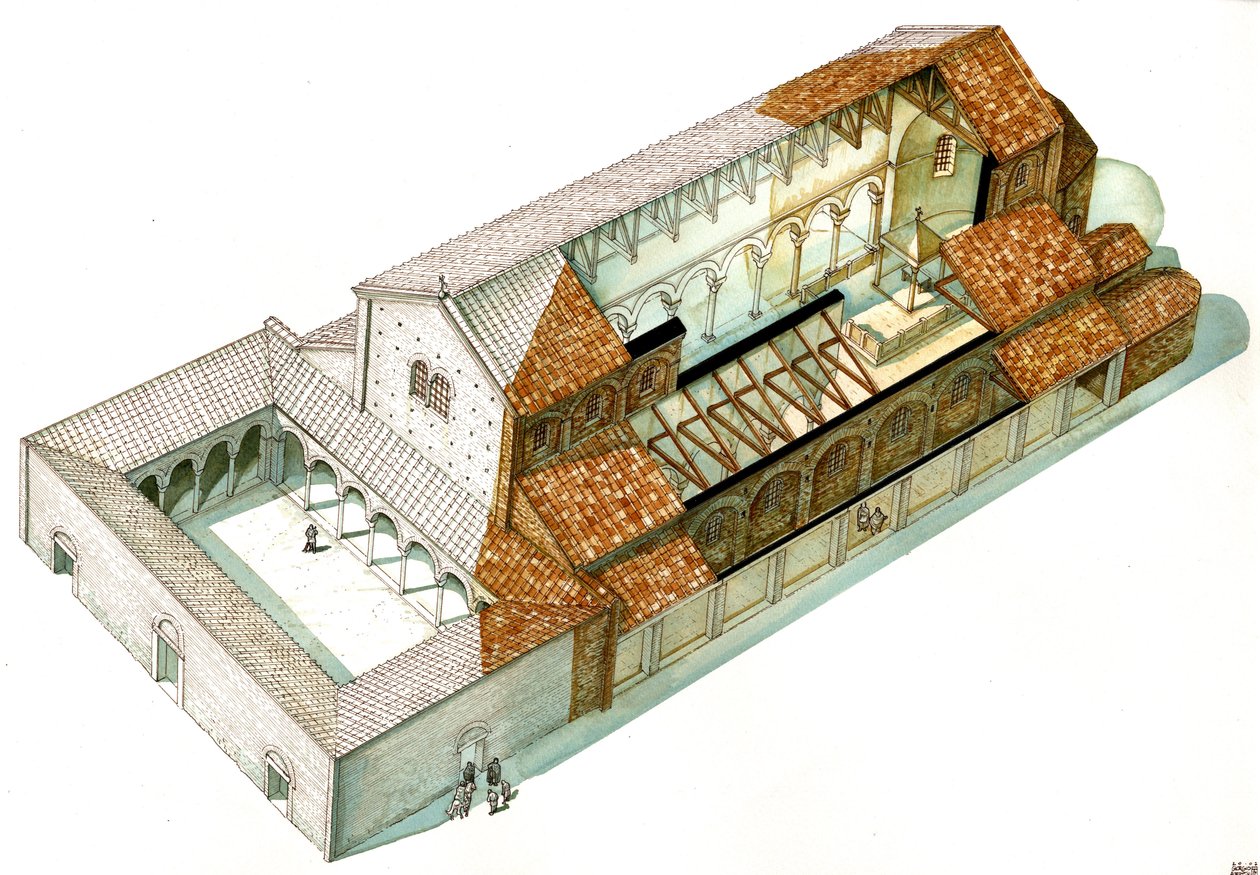 Byzantinsk kunst: Rekonstruktion af Cabianca-basilikaen, der blev grundlagt under kejser Justinian I (482-565) i Ravenna (Ravenna). Italien af Giorgio Albertini