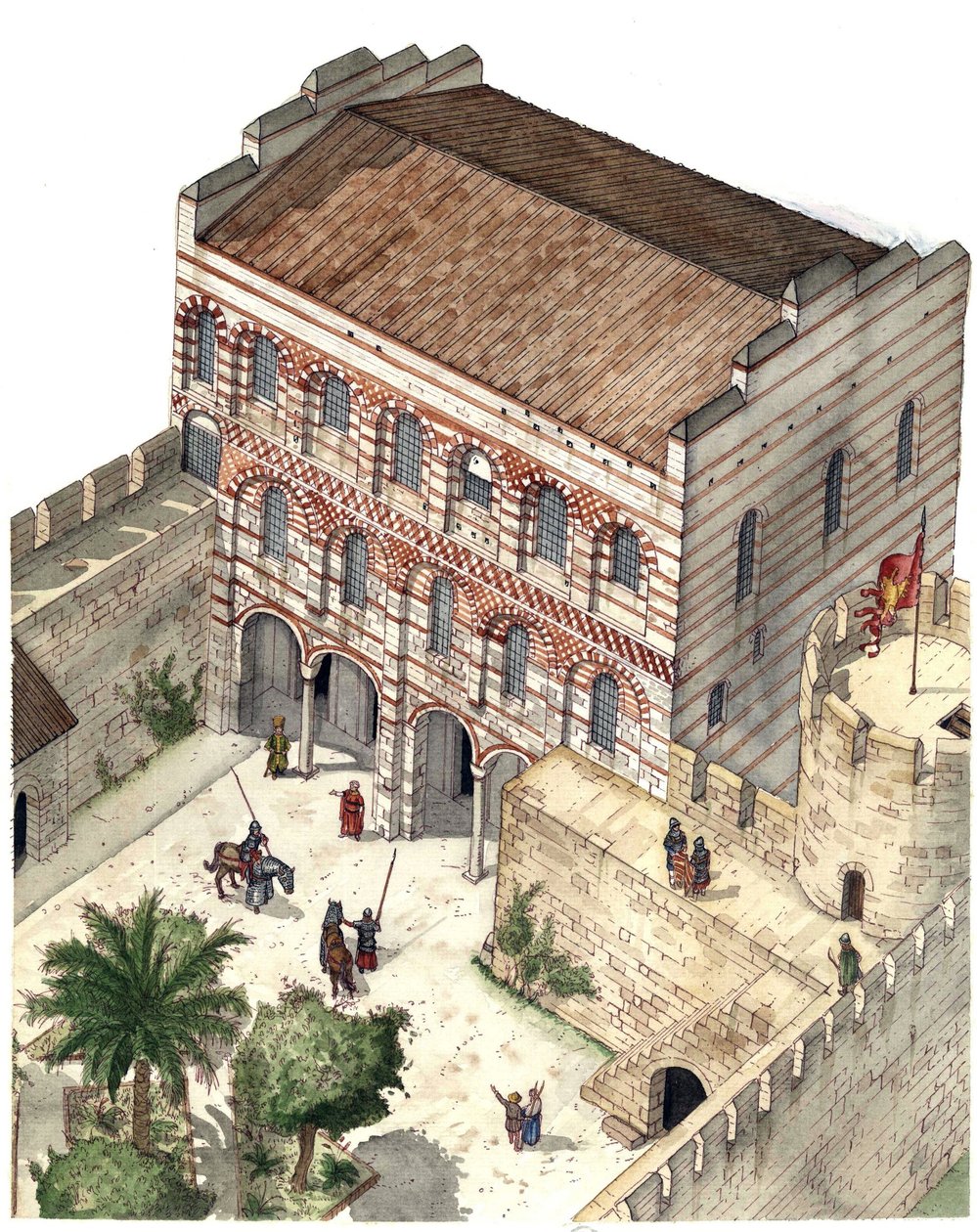 Byzantinsk kunst: Rekonstruktion af Konstantin Porfyrogenes palads i Konstantinopel i det 13. århundrede. af Giorgio Albertini