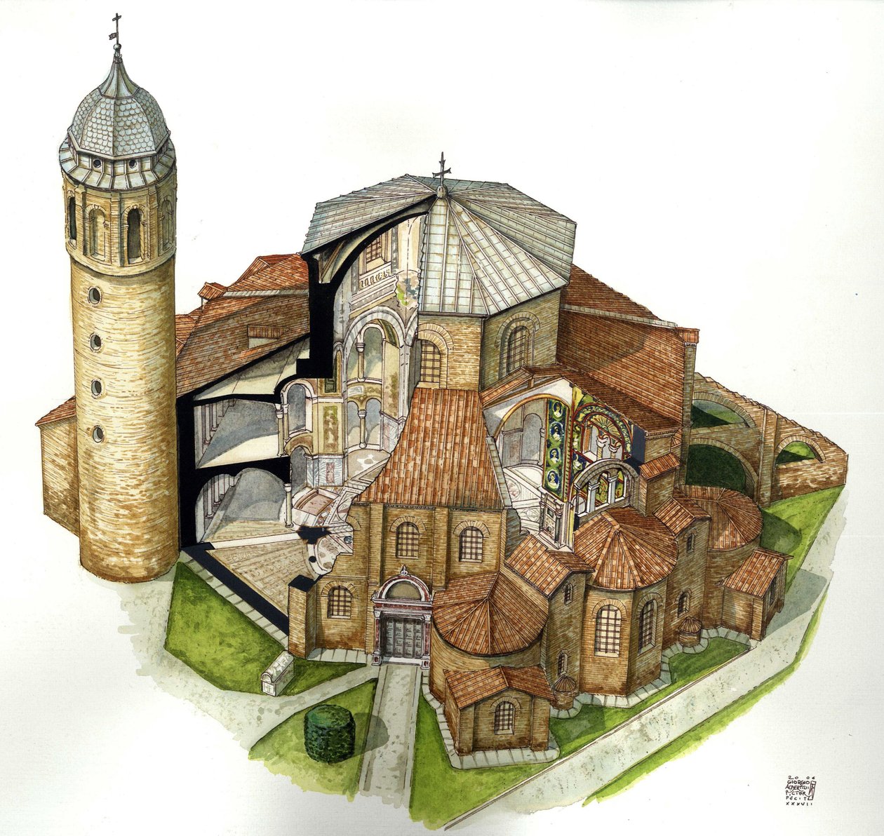 Byzantinsk kunst: gengivelse af Sankt Vitals basilika (Saint Vital eller San Vitale) i Ravenna (Ravenna) i det 5. århundrede. Luftfoto med udskæringer for at se interiøret. Italien Illustration af Giorgio Albertini. (Brugen af denne forfatters værker er ik af Giorgio Albertini